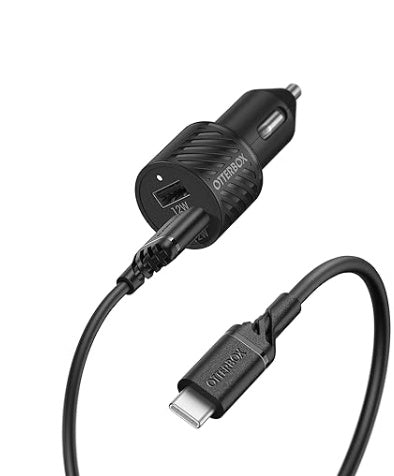 Otterbox Dual USB 12W Premium Car Charger w/ USB-C Cable 4ft - Black