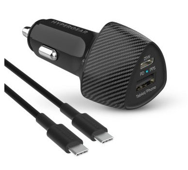 HyperGear SpeedBoost 25W USB-C PD + 12W USB Fast Car Charger w/ 4ft USB-C Cable - Black