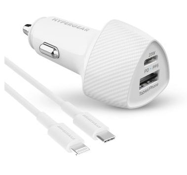 HyperGear SpeedBoost 25W USB-C PD + 12W USB Fast Car Charger w/ PPS 4ft Lightning Cable - White